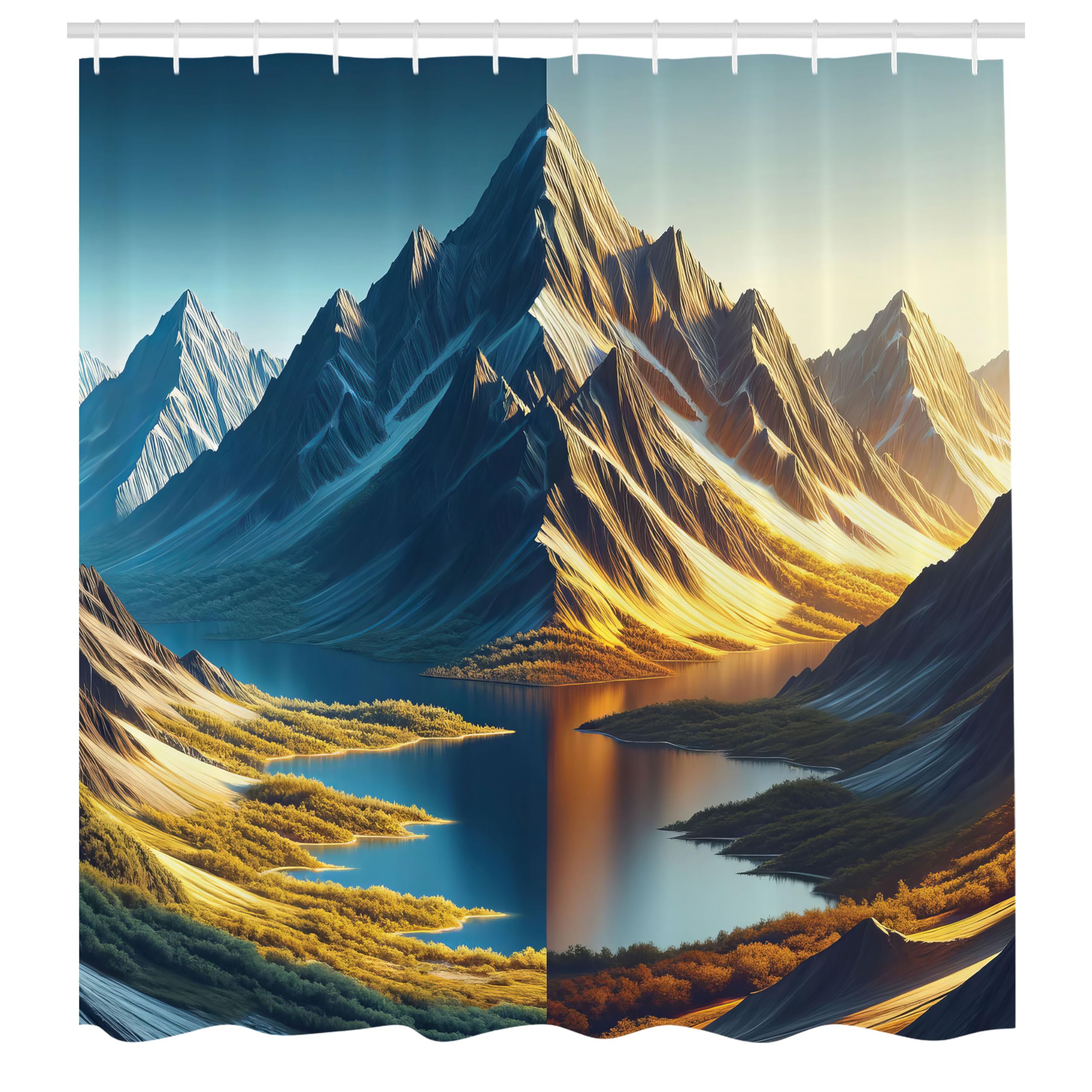 Ambesonne Lake Shower Curtain, Dreamy Art Of Snowy Mountain Panorama With Sunny Shades And Greenery Meadows, Cloth Fabric Bathro